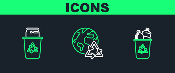 Poster - Set line Recycle bin with recycle symbol, and can and Planet earth recycling icon. Vector