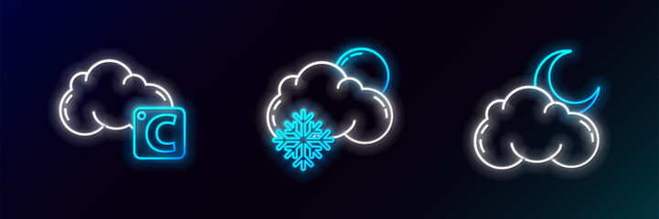 Poster - Set line Cloud with moon and stars, Celsius cloud and snow sun icon. Glowing neon. Vector