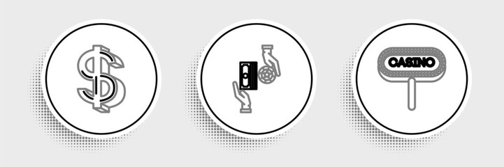 Aufkleber - Set line Casino signboard, Dollar symbol and chips exchange on stacks of dollars icon. Vector