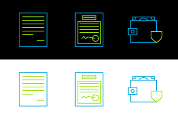 Fototapete - Set line Wallet and money with shield, Document and Filled form icon. Vector