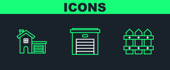 Fototapete - Set line Garden fence wooden, House and Garage icon. Vector