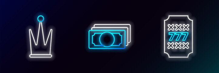 Poster - Set line Slot machine with lucky sevens jackpot, Crown and Stacks paper money cash icon. Glowing neon. Vector