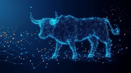 Poster - Digital Bull Created in Wireframe Style, Showcasing an Electronic Animal Concept with Data Networks