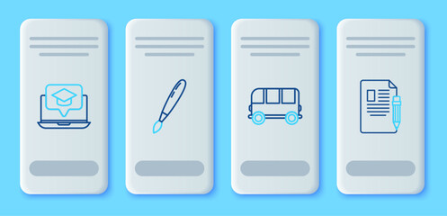 Poster - Set line Paint brush, School Bus, Graduation cap on screen laptop and Exam sheet and pencil with eraser icon. Vector