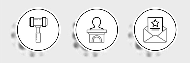 Poster - Set line The arrest warrant, Judge gavel and Stage stand or debate podium rostrum icon. Vector