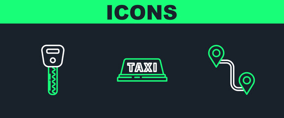 Poster - Set line Route location, Car key and Taxi car roof icon. Vector