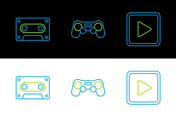 Poster - Set line Play in square, Retro audio cassette tape and Gamepad icon. Vector