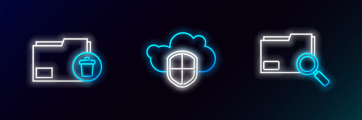 Fototapete - Set line Search concept with folder, Delete and Cloud and shield icon. Glowing neon. Vector