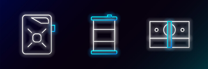 Aufkleber - Set line Stacks paper money cash, Canister for motor oil and Barrel icon. Glowing neon. Vector