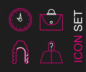 Poster - Set line Anonymous with question mark, Judge wig, Briefcase and Clock icon. Vector