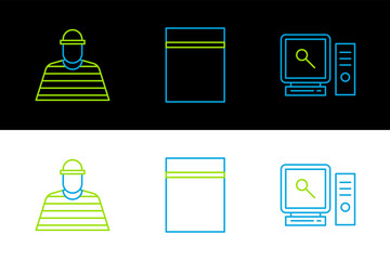 Poster - Set line Search on computer screen, Prisoner and Plastic bag with ziplock icon. Vector