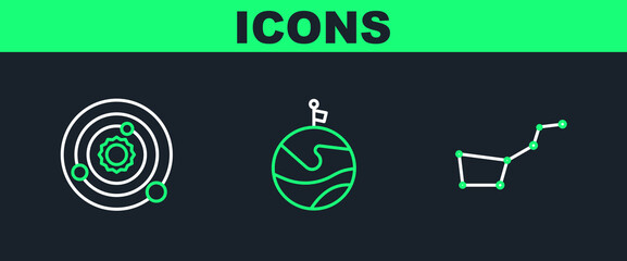 Poster - Set line Great Bear constellation, Solar system and Moon with flag icon. Vector