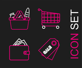 Poster - Set line Price tag with an inscription Sale, Wallet stacks paper money cash, Shopping cart and basket and food icon. Vector
