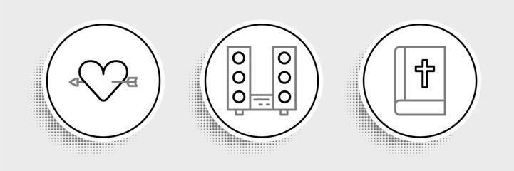 Poster - Set line Holy bible book, Amour with heart and arrow and Home stereo two speakers icon. Vector