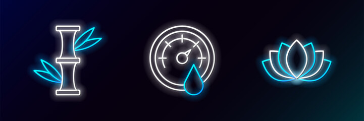Poster - Set line Lotus flower, Bamboo and Sauna thermometer icon. Glowing neon. Vector