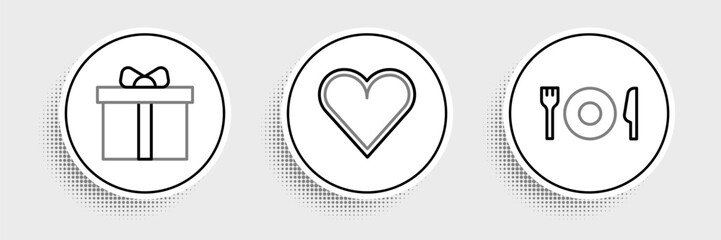 Poster - Set line Plate, fork and knife, Gift box and Heart icon. Vector