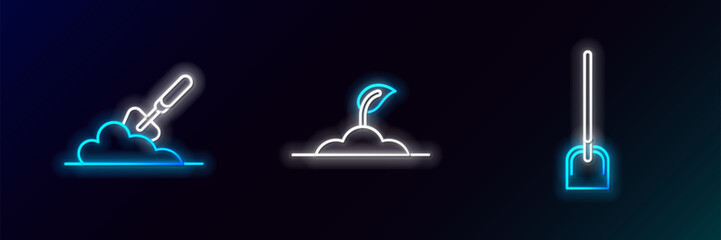 Poster - Set line Shovel, Garden trowel spade or shovel in the ground and Sprout icon. Glowing neon. Vector