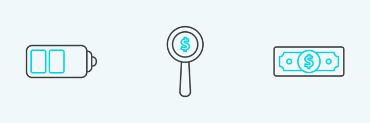 Poster - Set line Stacks paper money cash, Battery charge level indicator and Magnifying glass and dollar symbol icon. Vector