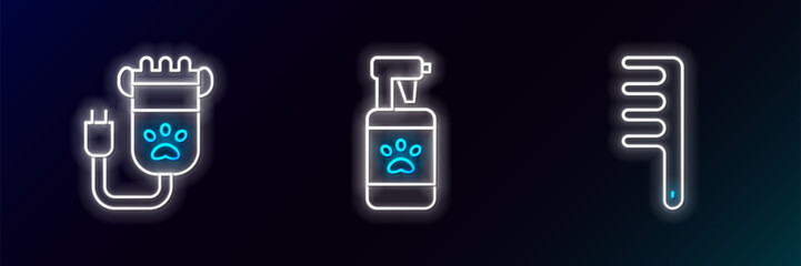Poster - Set line Hair brush for dog and cat, clipper pet and Pet shampoo icon. Glowing neon. Vector