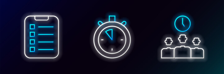 Fototapete - Set line Time Management, To do list or planning and Stopwatch icon. Glowing neon. Vector
