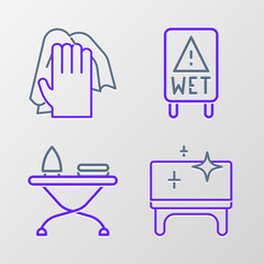 Poster - Set line Clean table, Iron and ironing board, Wet floor and Cleaning service icon. Vector