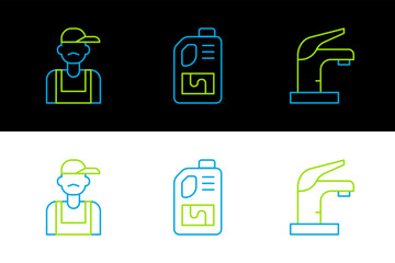 Poster - Set line Water tap, Plumber and Drain cleaner bottle icon. Vector