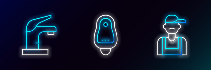 Poster - Set line Plumber, Water tap and Toilet urinal or pissoir icon. Glowing neon. Vector
