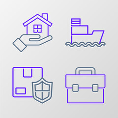 Poster - Set line Briefcase, Delivery security with shield, Ship and House in hand icon. Vector