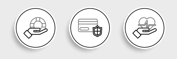 Poster - Set line Life insurance in hand, Lifebuoy and Credit card with shield icon. Vector