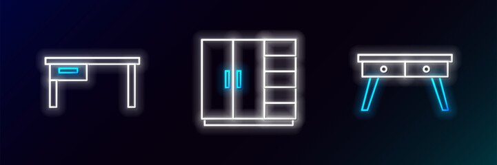 Aufkleber - Set line Office desk, and Wardrobe icon. Glowing neon. Vector
