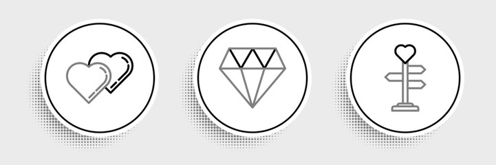 Poster - Set line Signpost with heart, Two Linked Hearts and Diamond icon. Vector