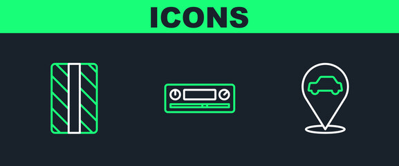 Poster - Set line Location with car service, Car tire wheel and Audio icon. Vector