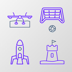 Poster - Set line Sand tower, Rocket ship, Soccer goal with ball and Seesaw icon. Vector