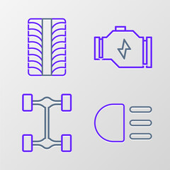 Poster - Set line High beam, Chassis car, Check engine and Car tire wheel icon. Vector