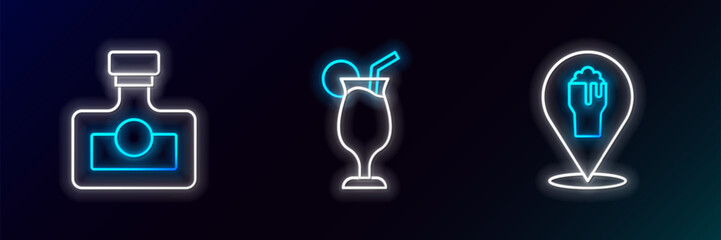 Poster - Set line Alcohol or beer bar location, drink Rum and Cocktail icon. Glowing neon. Vector