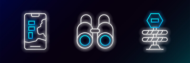 Poster - Set line Road barrier, City map navigation and Binoculars icon. Glowing neon. Vector