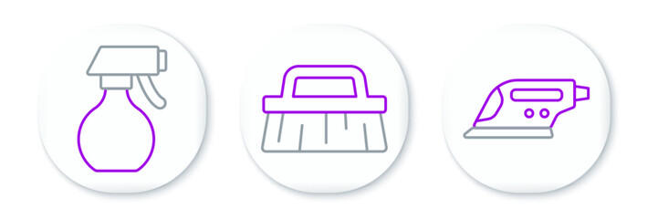 Poster - Set line Electric iron, Water spray bottle and Brush for cleaning icon. Vector