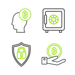 Fototapete - Set line Hand holding Bitcoin, Shield security with lock, Safe and think icon. Vector