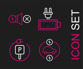 Poster - Set line Electric car, Charging parking electric, Battery charge and motor icon. Vector