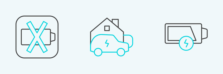 Poster - Set line Low battery, and Charging car home icon. Vector