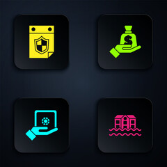 Poster - Set House flood, Calendar with shield, Safe in hand and Money. Black square button. Vector