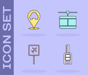 Poster - Set Car key with remote, Location taxi, Airport and Cable car icon. Vector