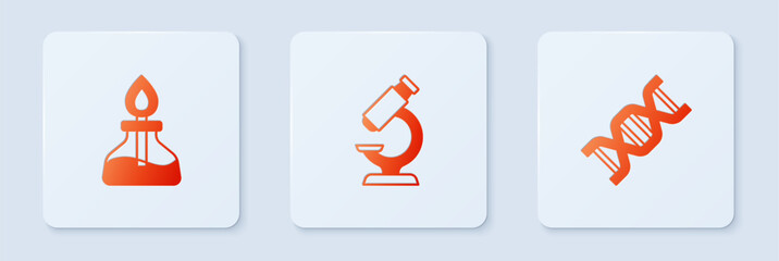 Poster - Set Microscope, Alcohol or spirit burner and DNA symbol. White square button. Vector
