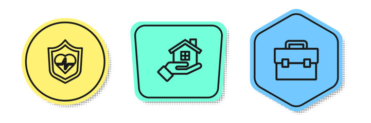Poster - Set line Life insurance with shield, House hand and Briefcase. Colored shapes. Vector