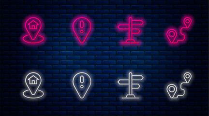 Poster - Set line Location with exclamation mark, Road traffic sign, house and Route location. Glowing neon icon on brick wall. Vector