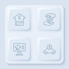 Poster - Set line House with dollar, shield, Online real estate and Car rental. White square button. Vector