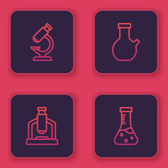 Poster - Set line Microscope, Test tube and . Blue square button. Vector