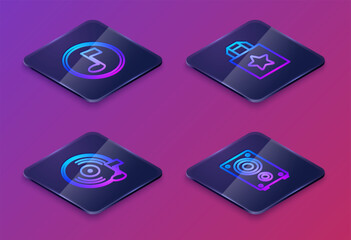 Poster - Set Isometric line Music note, tone, Vinyl disk, Paper shopping bag and Stereo speaker. Blue square button. Vector