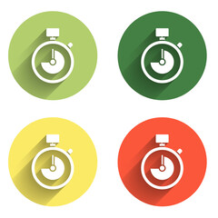 Poster - Set Stopwatch icon isolated with long shadow background. Time timer sign. Chronometer sign. Color circle button. Vector