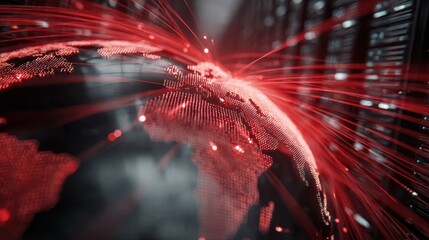 Poster - Futuristic server facility showcasing a dynamic world map with animated red data flows symbolizing cyber attack pathways. Captures the urgency of safeguarding against global digital